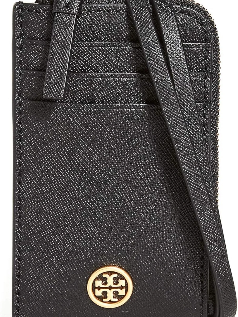 Tory Burch Black Leather Cardholder with Gold Chain Lanyard and Logo